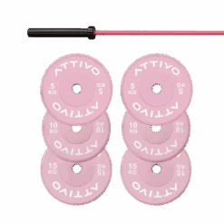 Cerakote Pink Olympic Barbell & Bumper Plate Set – 60kg/100kg(Attivo Pink Olympic Weight Bar 15kg Bumper Plates Powerlifting Set)